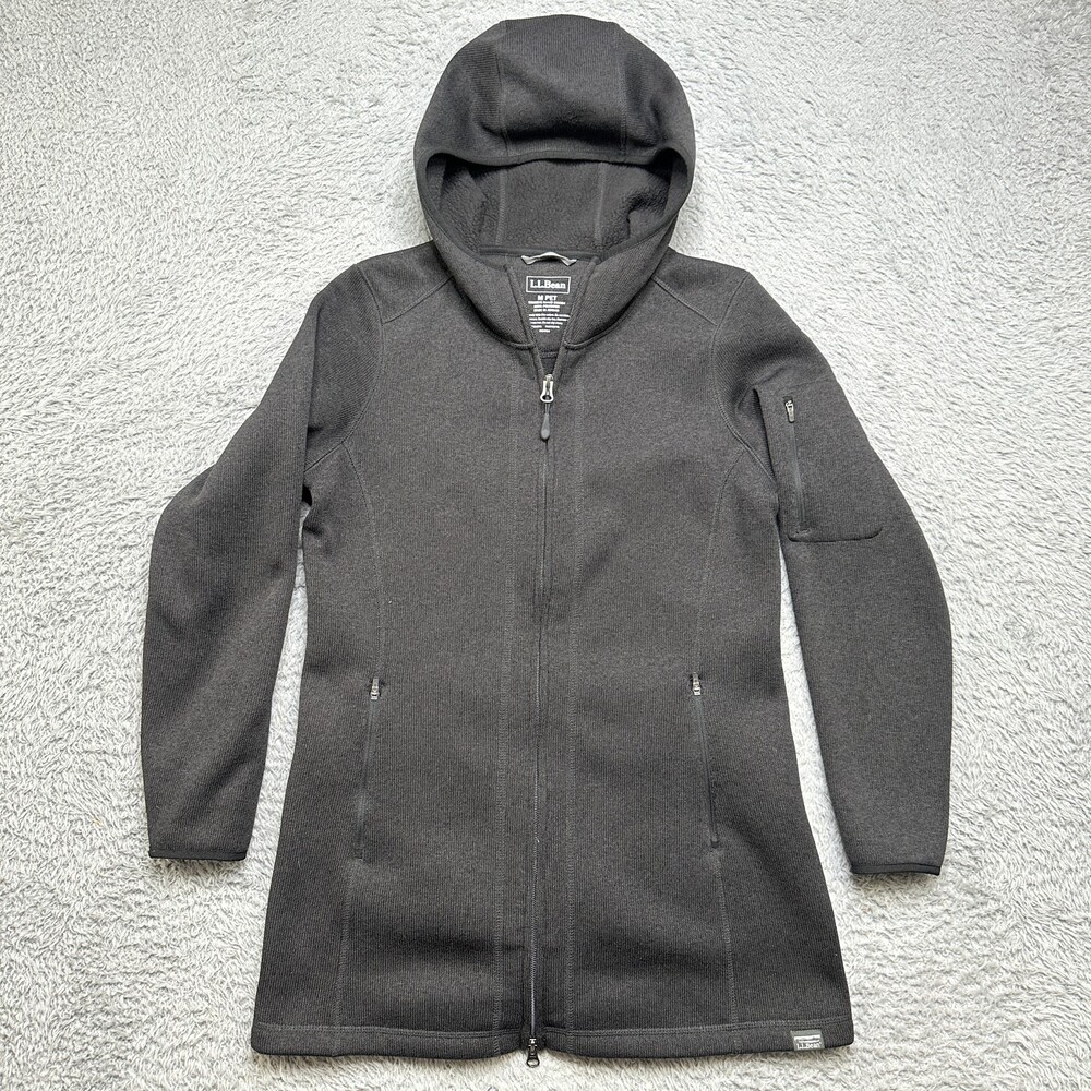 LL Bean Jacket Womens M Gray Hooded Fleece Longline Full Zip Excellent